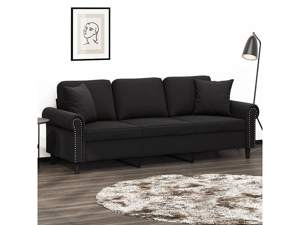 Sofá de 3 plazas con cojines decorativos de terciopelo negro de 180 cm.