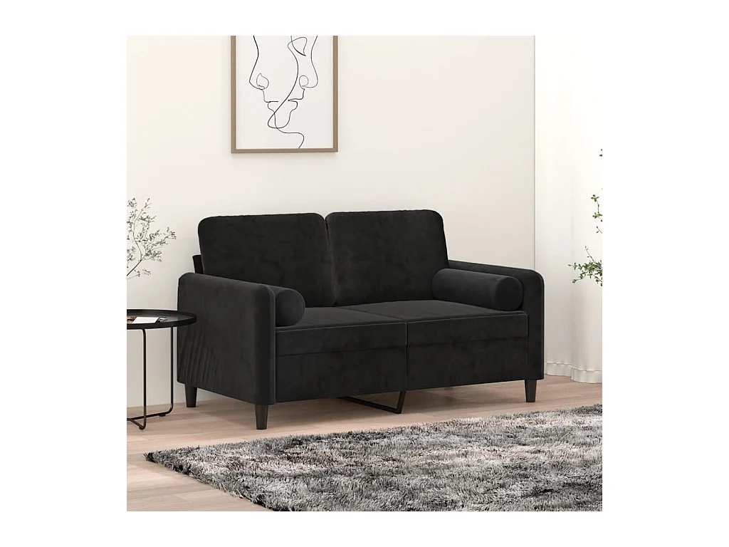 Sofá de 2 plazas con cojines decorativos de terciopelo negro de 120 cm.