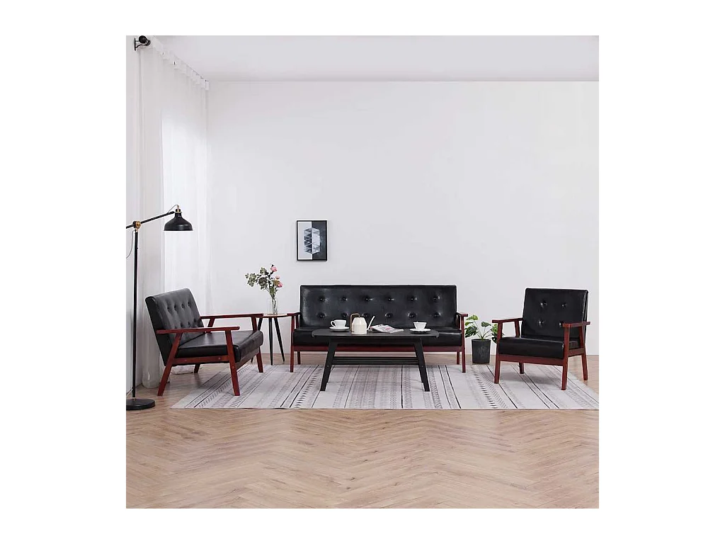 Conjunto de sofá de 3 piezas en piel sintética negra