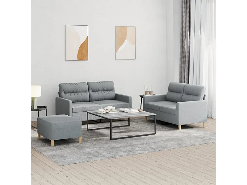 Set di divani 3 pezzi con cuscini in tessuto grigio chiaro