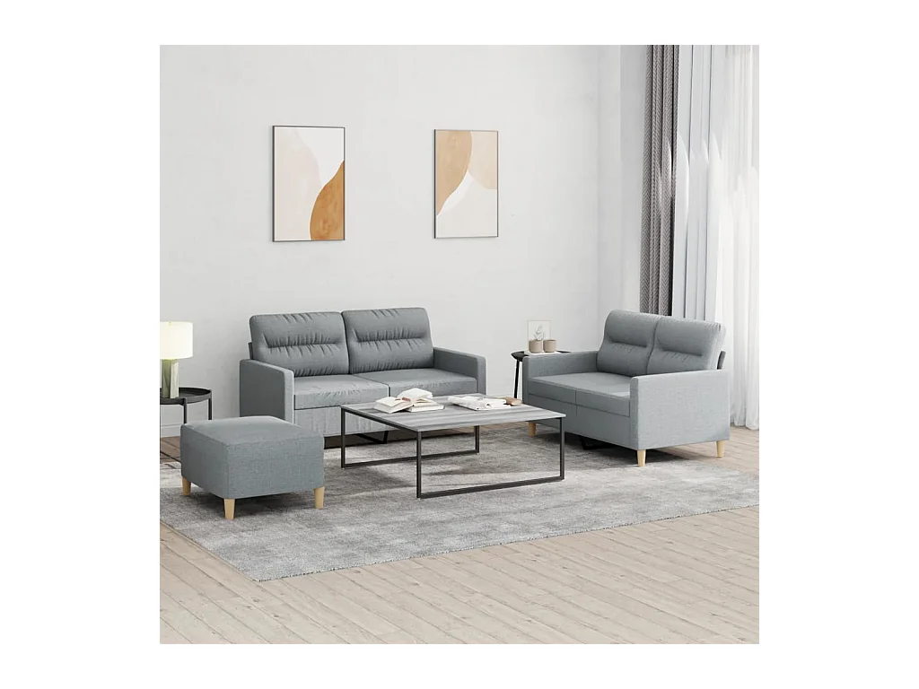 Set di divani 3 pezzi con cuscini in tessuto grigio chiaro