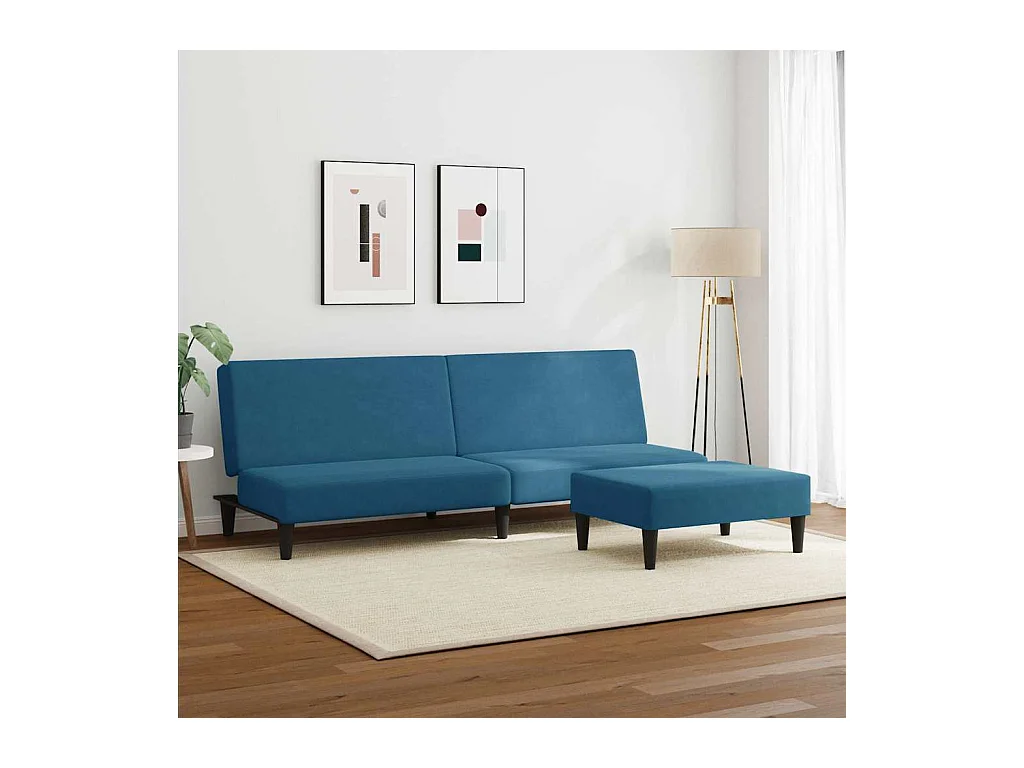 2-Sitzer-Schlafsofa mit Fußhocker aus blauem Samt