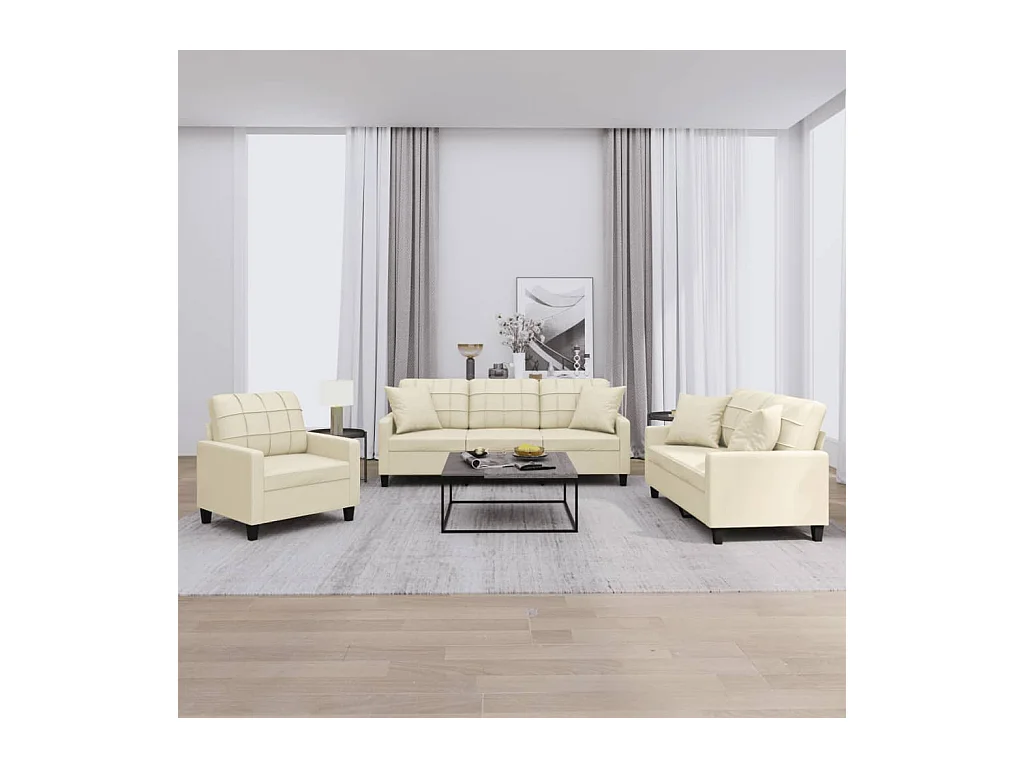 3-delige bankstel met crèmekleurige kunstleren kussens