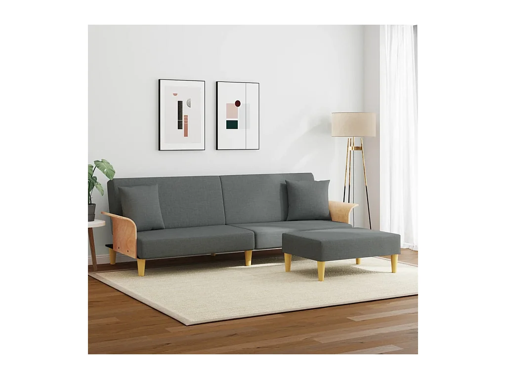 Sofá cama de 2 plazas con almohadas y reposapiés en gris oscuro