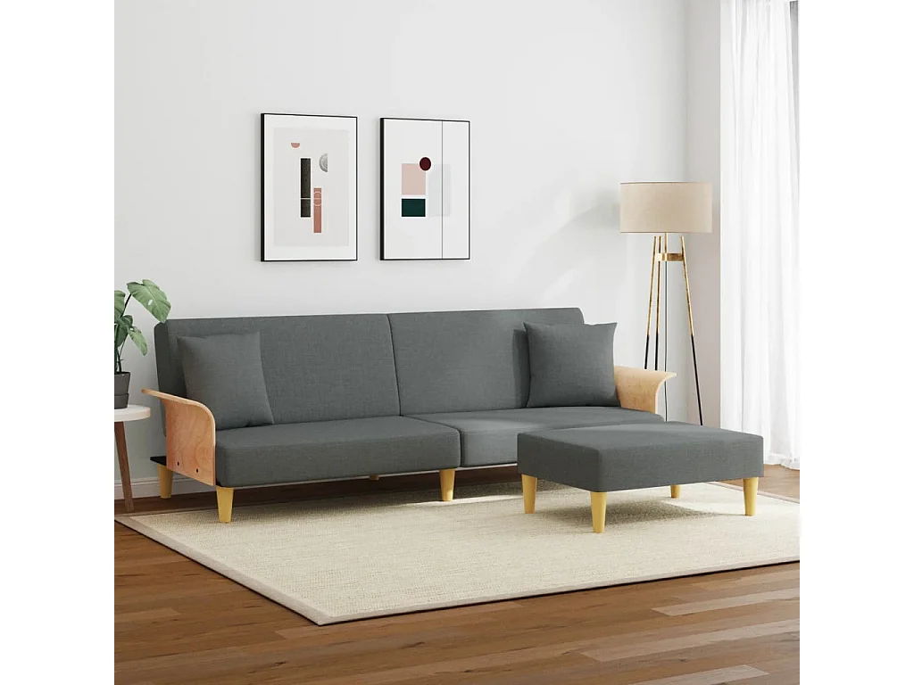 Sofá cama de 2 plazas con almohadas y reposapiés en gris oscuro