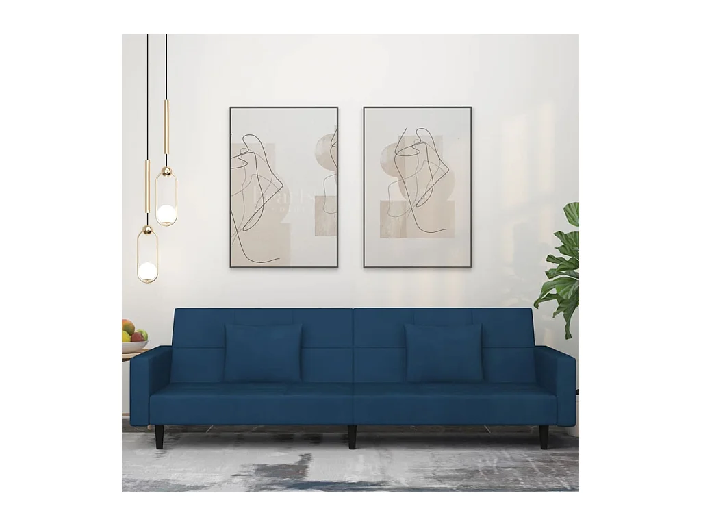 Divano letto a 2 posti con due cuscini in velluto blu