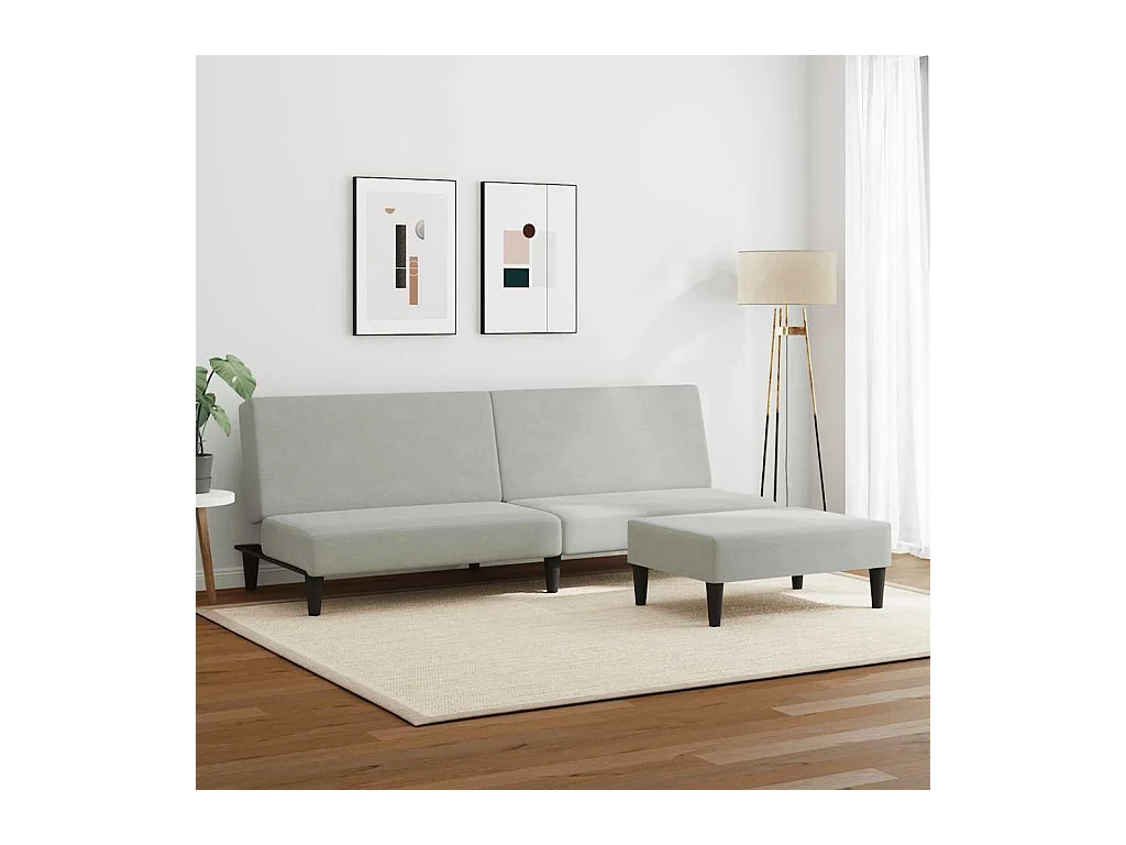 Sofá cama de 2 plazas con reposapiés de terciopelo gris claro