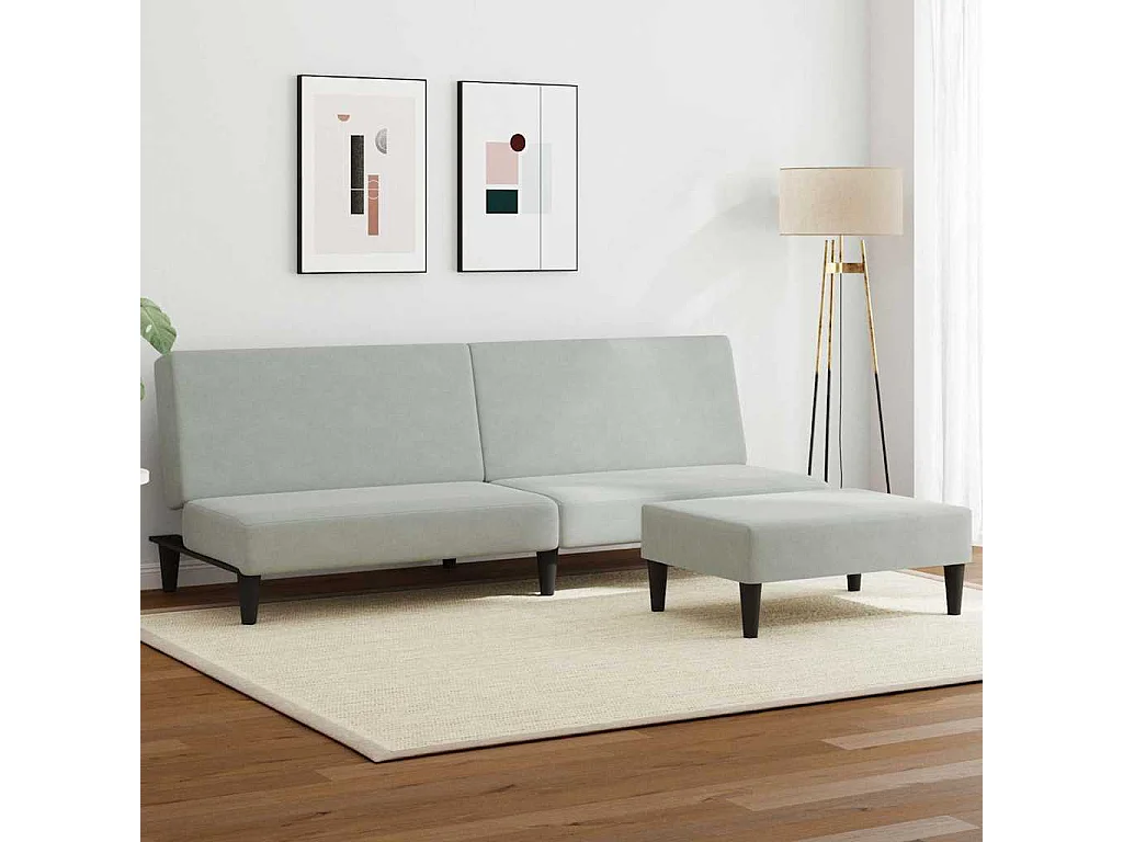 Sofá cama de 2 plazas con reposapiés de terciopelo gris claro