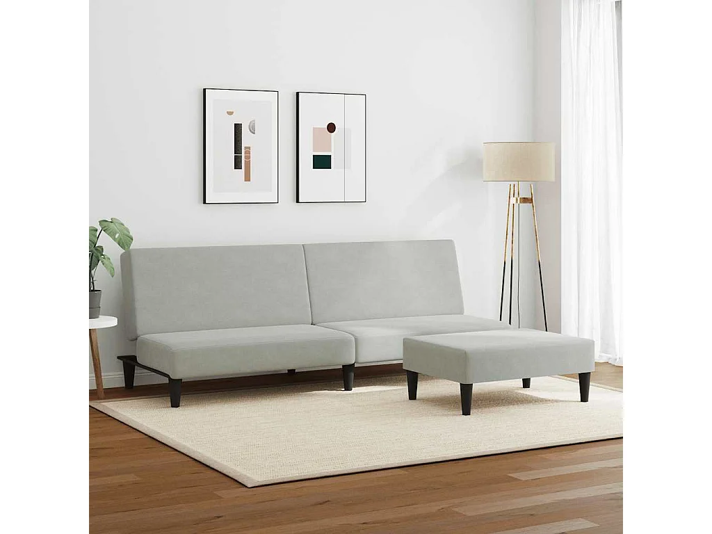 Sofá cama de 2 plazas con reposapiés de terciopelo gris claro