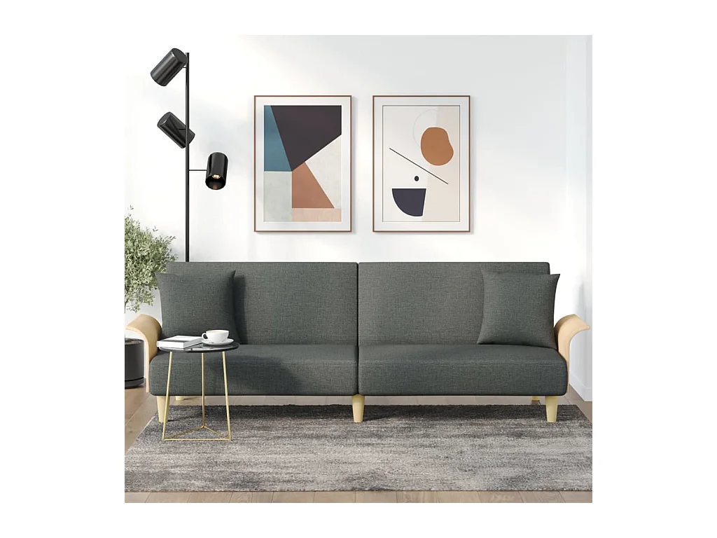 Sofá cama de tela gris oscuro con reposabrazos