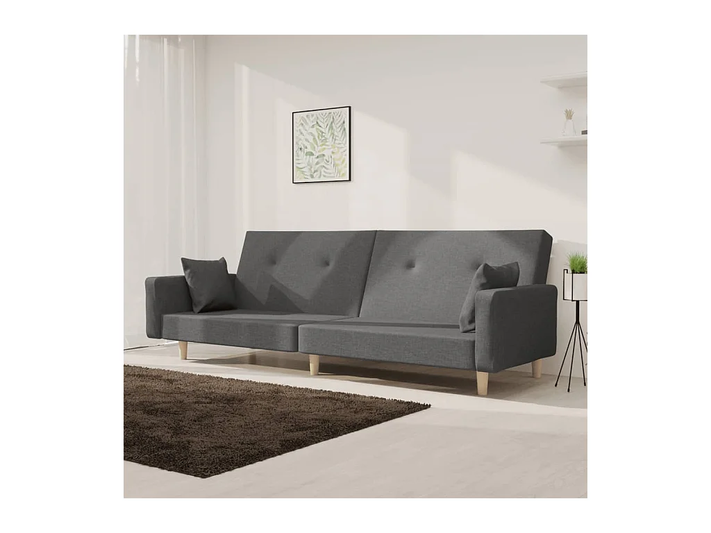 Sofá cama de 2 plazas con dos almohadas de tela gris claro