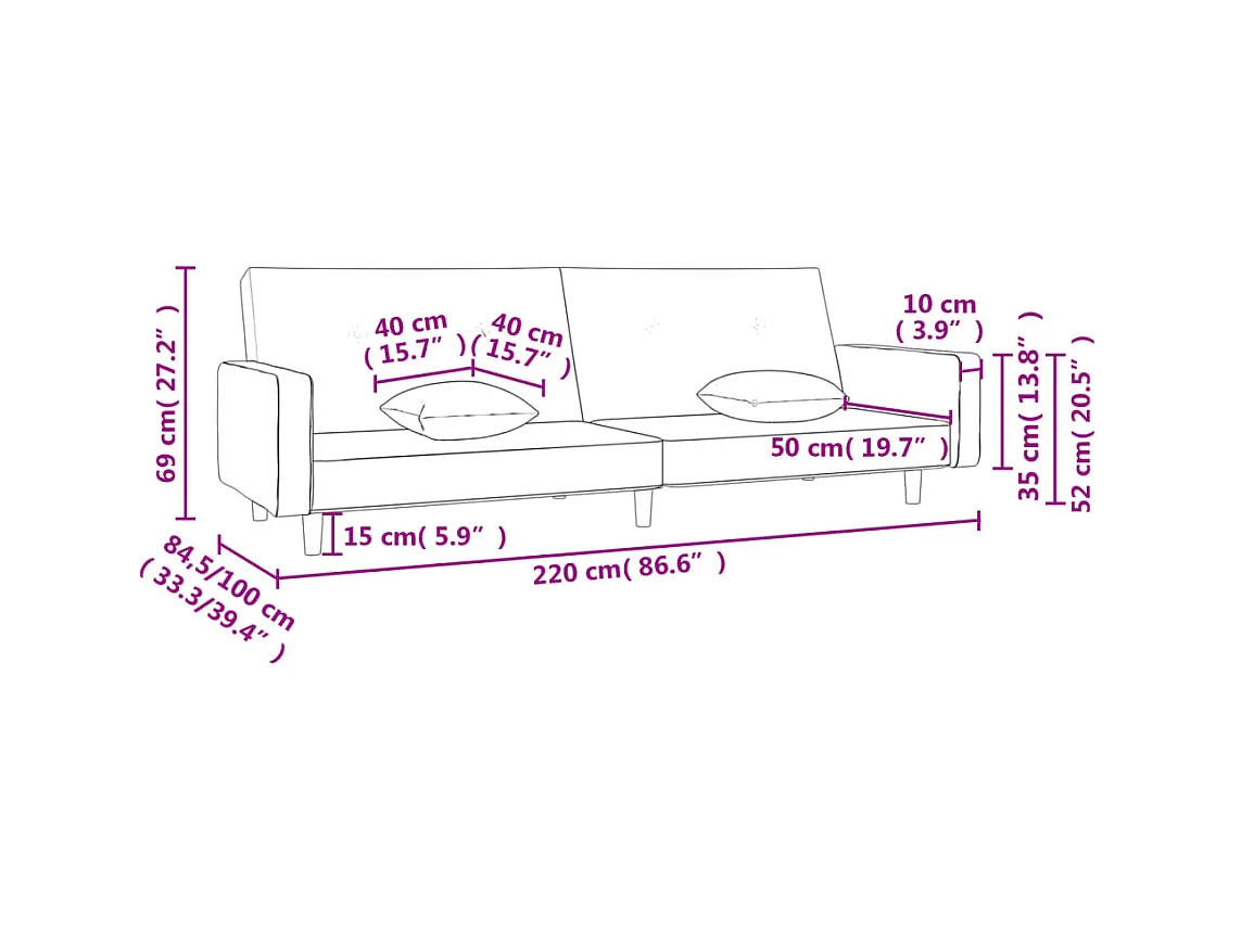 Sofá cama de 2 plazas con dos almohadas de tela gris claro