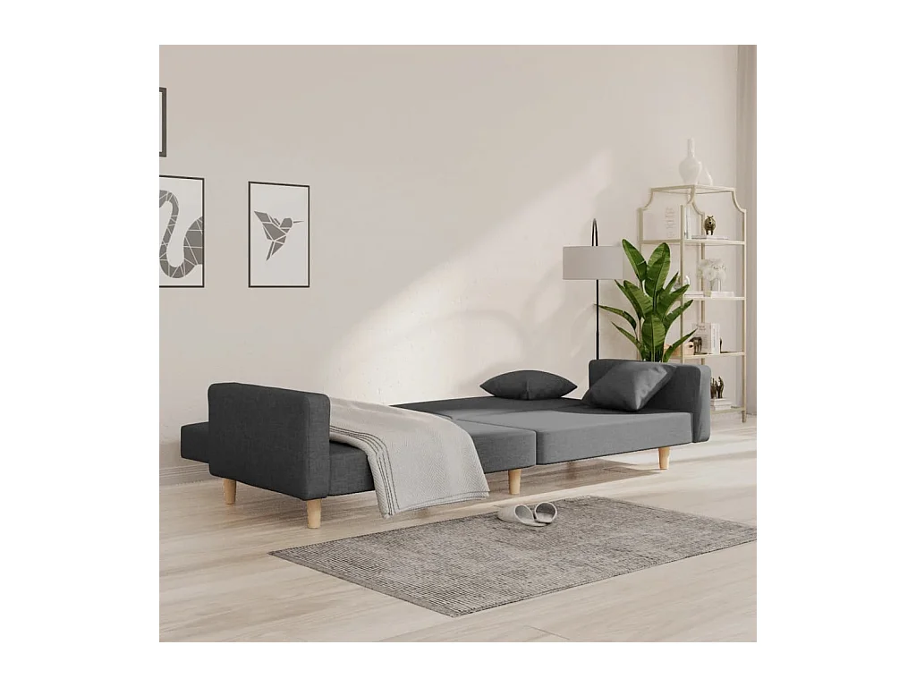 Sofá cama de 2 plazas con dos almohadas de tela gris claro
