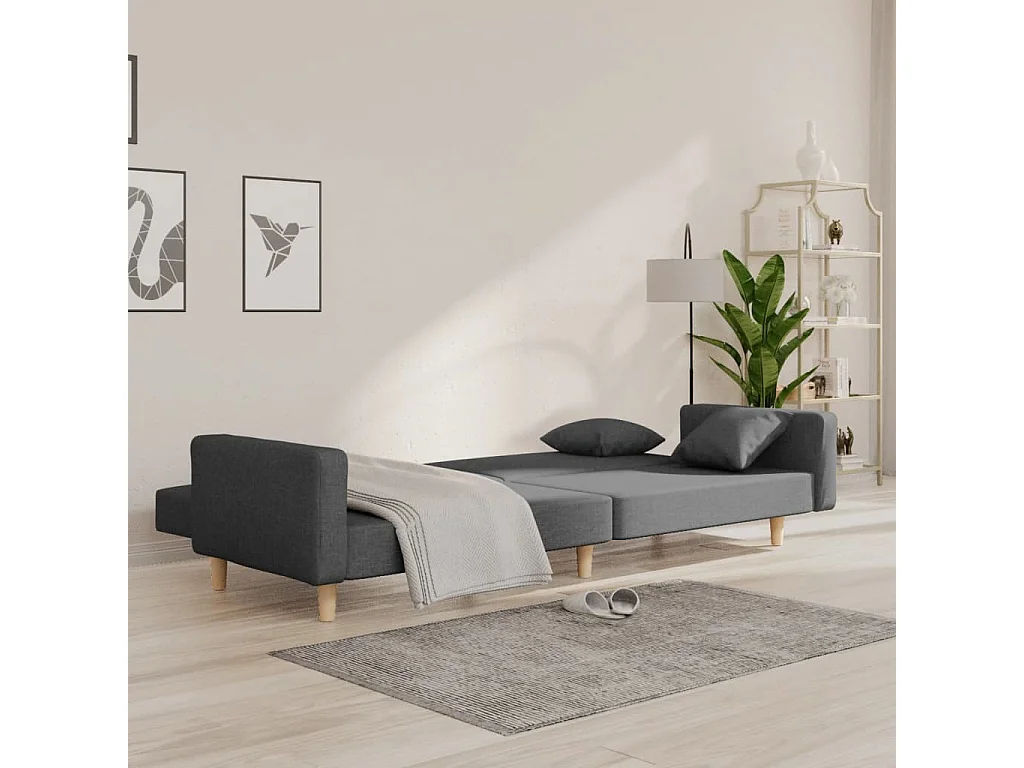 Sofá cama de 2 plazas con dos almohadas de tela gris claro