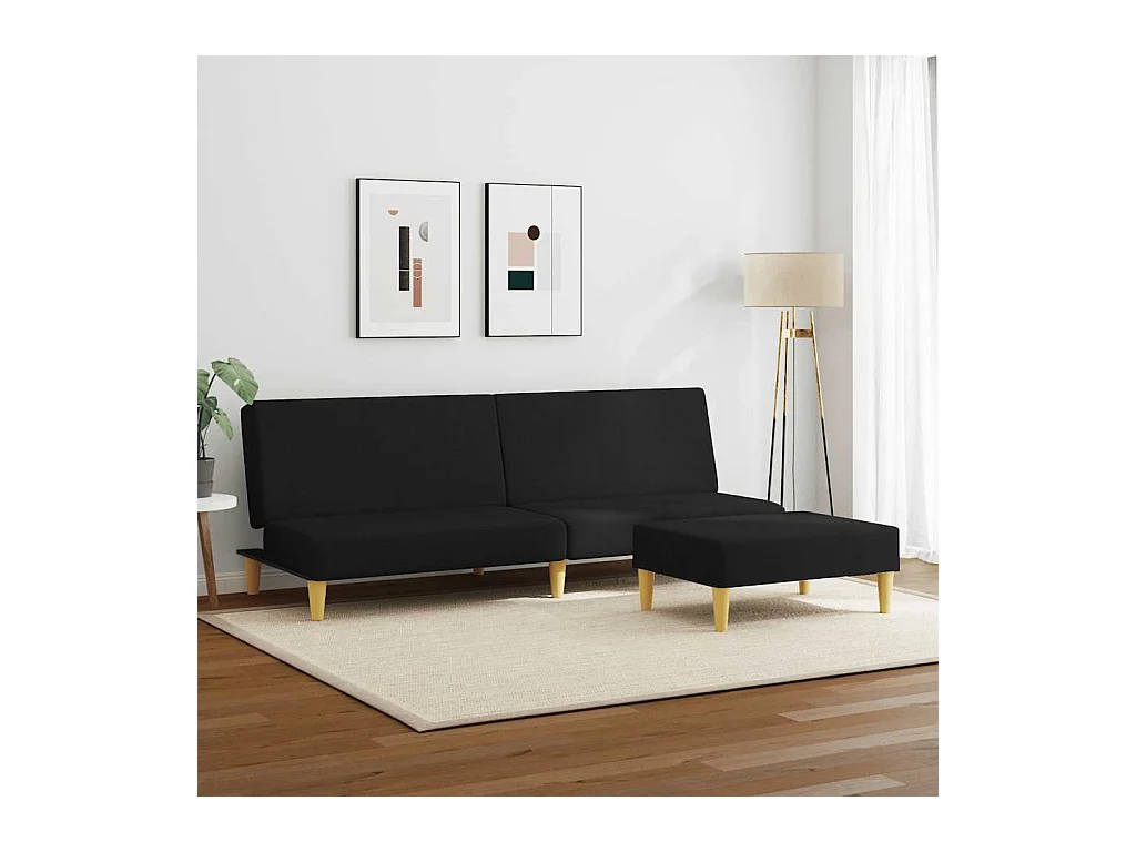 Sofá cama de 2 plazas con reposapiés en tela negra