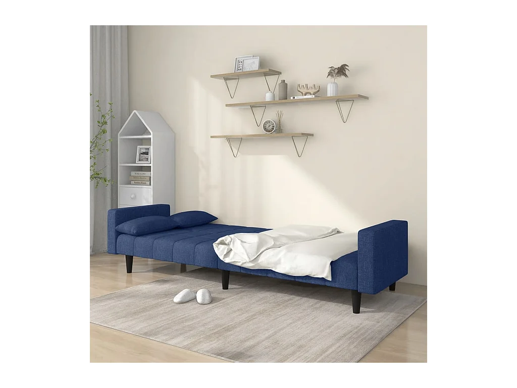 2-Sitzer-Schlafsofa mit zwei blauen Stoffkissen