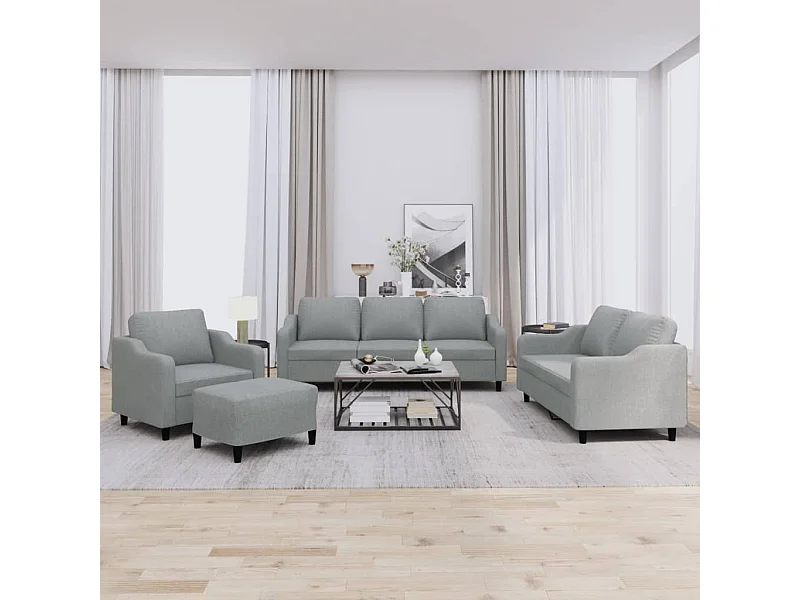 Set di divani 4 pezzi con cuscini in tessuto grigio chiaro