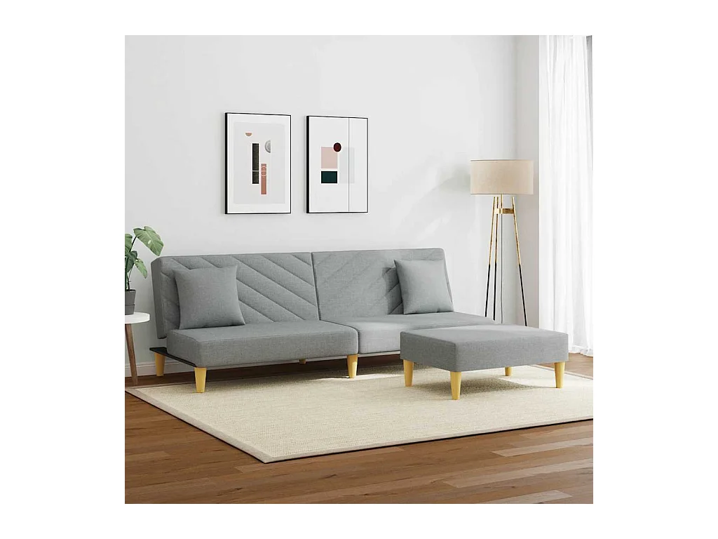 2-zits slaapbank met kussens en voetenbank in lichtgrijs