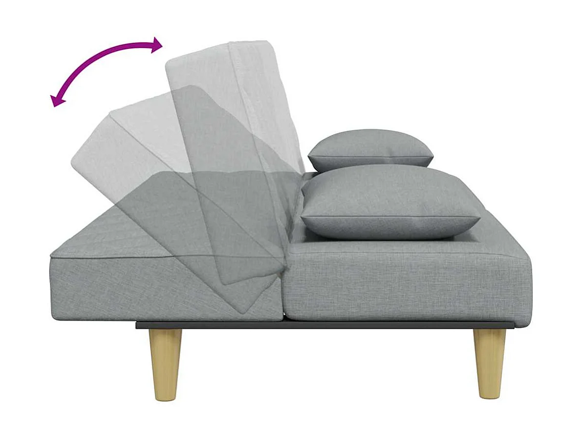Sofá cama de 2 plazas con almohadas y reposapiés en gris claro