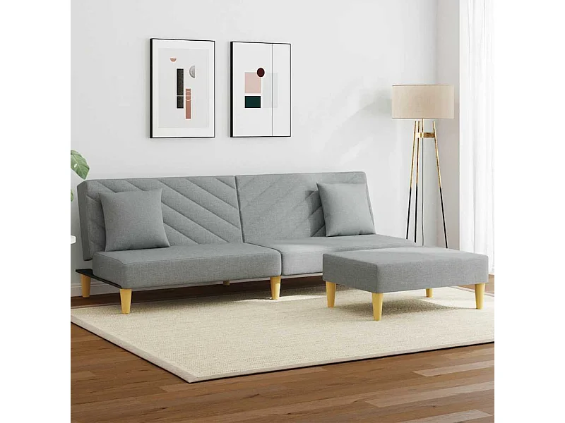 Sofá cama de 2 plazas con almohadas y reposapiés en gris claro