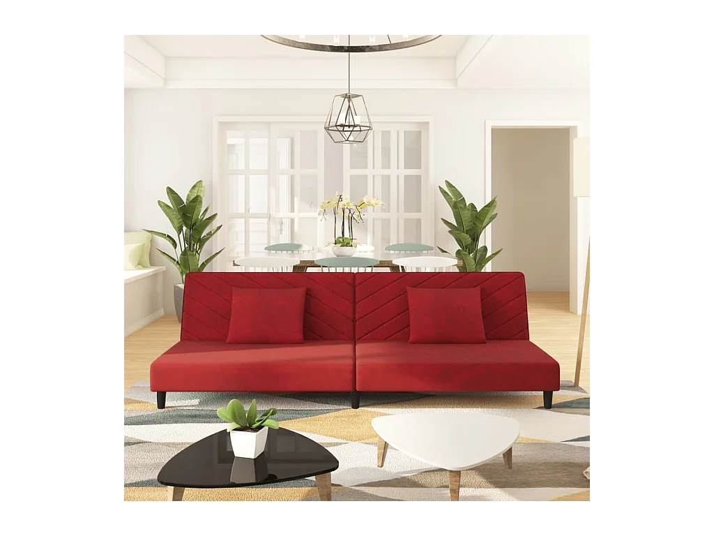 Divano letto a 2 posti in velluto rosso bordeaux con due cuscini