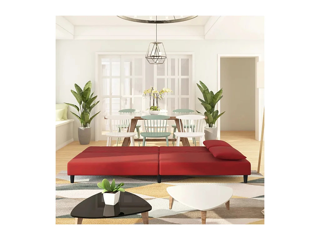 Divano letto a 2 posti in velluto rosso bordeaux con due cuscini