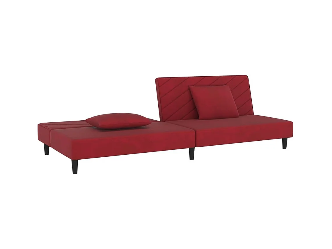 Divano letto a 2 posti in velluto rosso bordeaux con due cuscini
