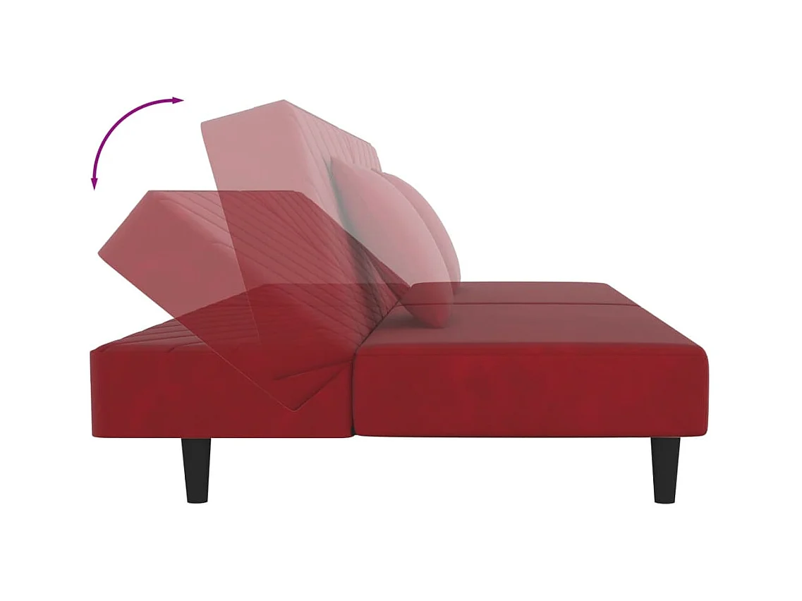 Divano letto a 2 posti in velluto rosso bordeaux con due cuscini