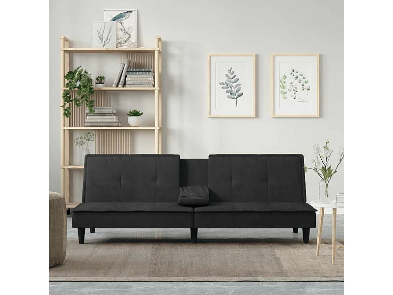 Sofá cama de terciopelo negro con portavasos