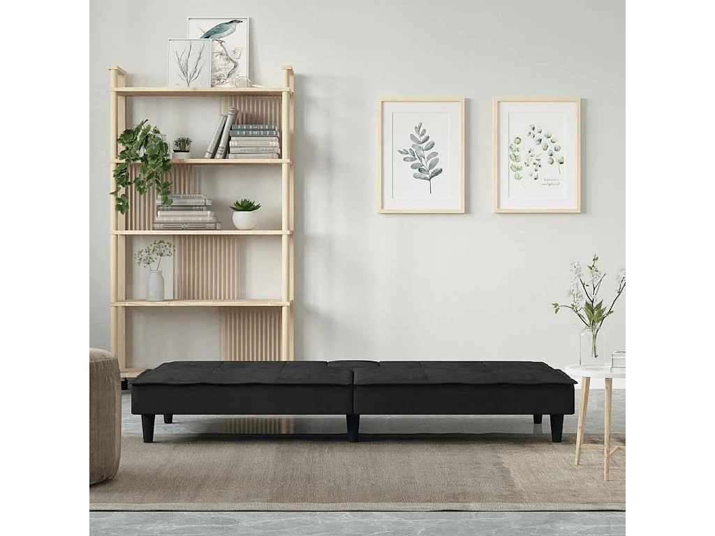 Sofá cama de terciopelo negro con portavasos