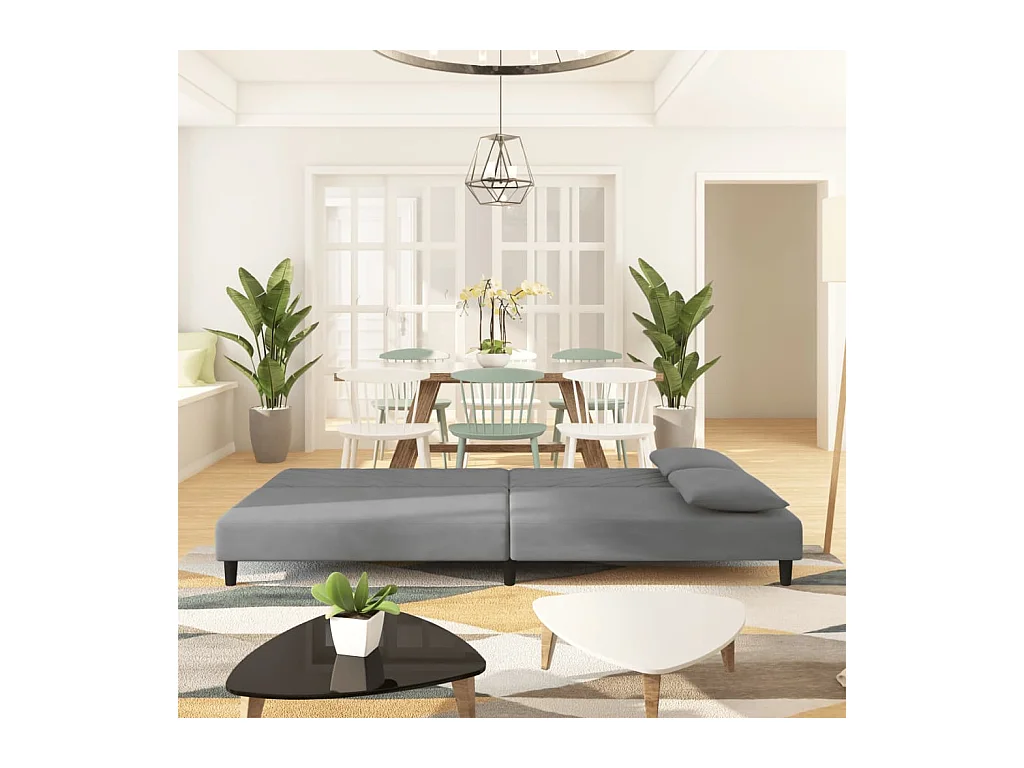 2-Sitzer-Schlafsofa mit zwei Kissen, hellgrauer Samt