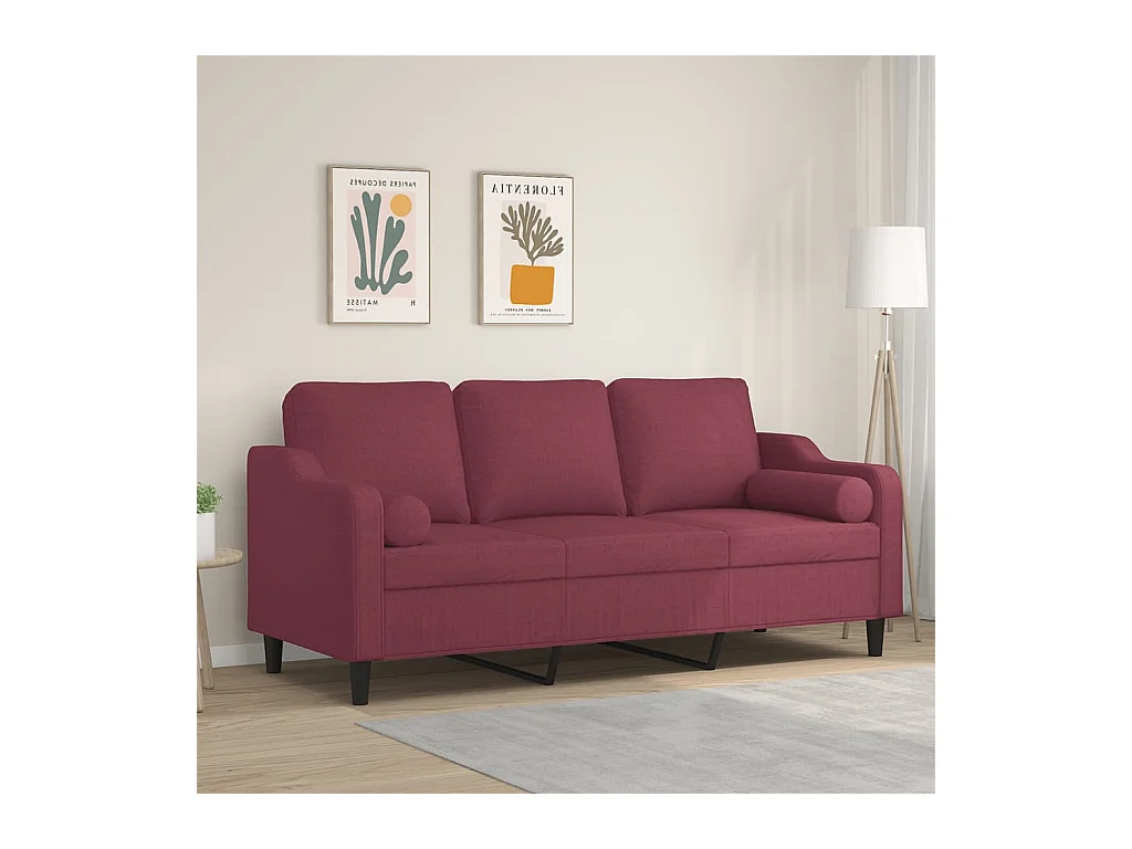 Divano 3 posti con cuscini decorativi tessuto bordeaux 180 cm