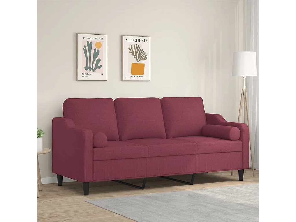 Divano 3 posti con cuscini decorativi tessuto bordeaux 180 cm
