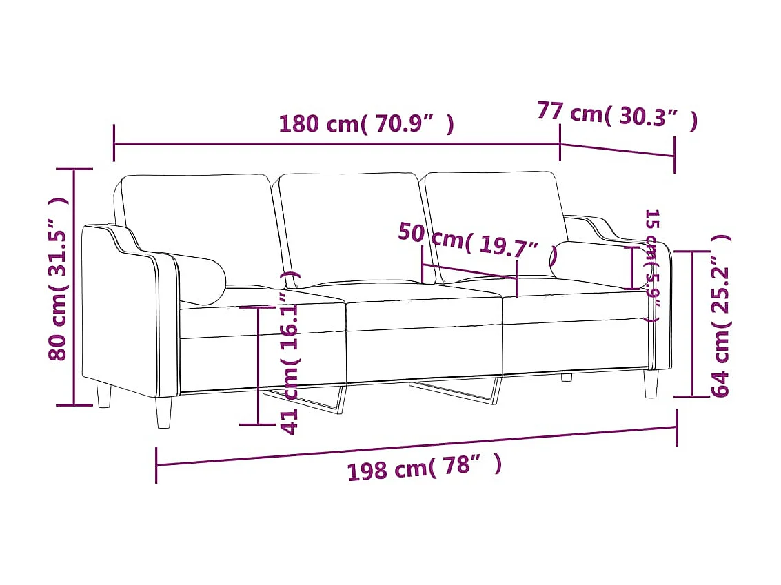 Divano 3 posti con cuscini decorativi tessuto bordeaux 180 cm