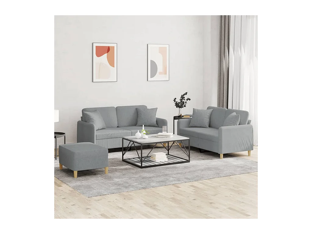Set di divani 3 pezzi con cuscini in tessuto grigio chiaro