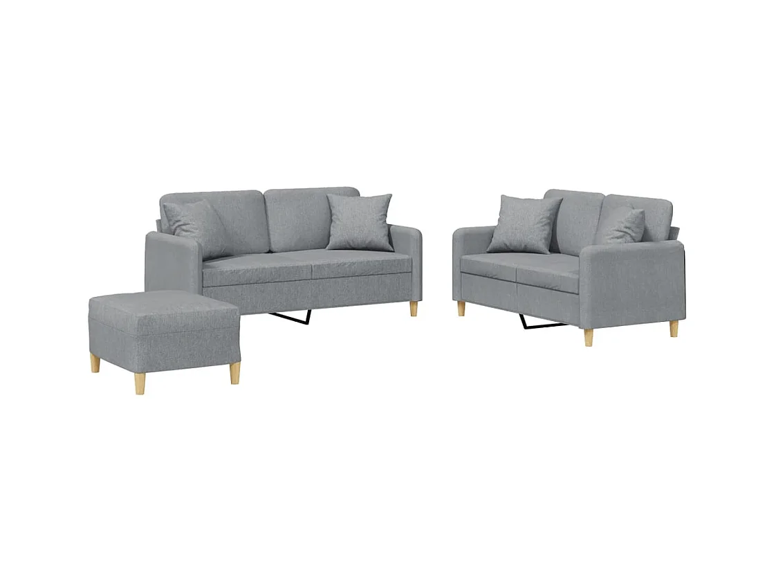 Set di divani 3 pezzi con cuscini in tessuto grigio chiaro