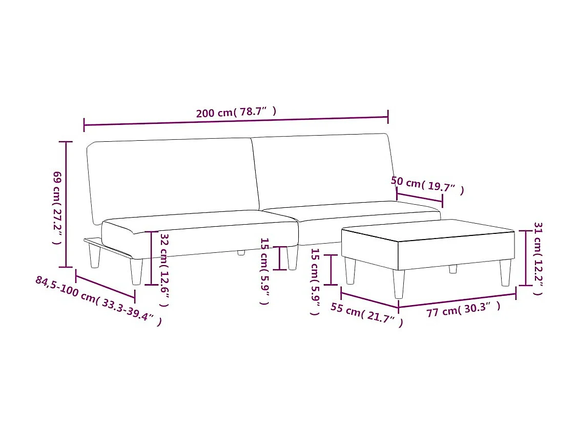 Sofá cama de 2 plazas con reposapiés de tela gris oscuro