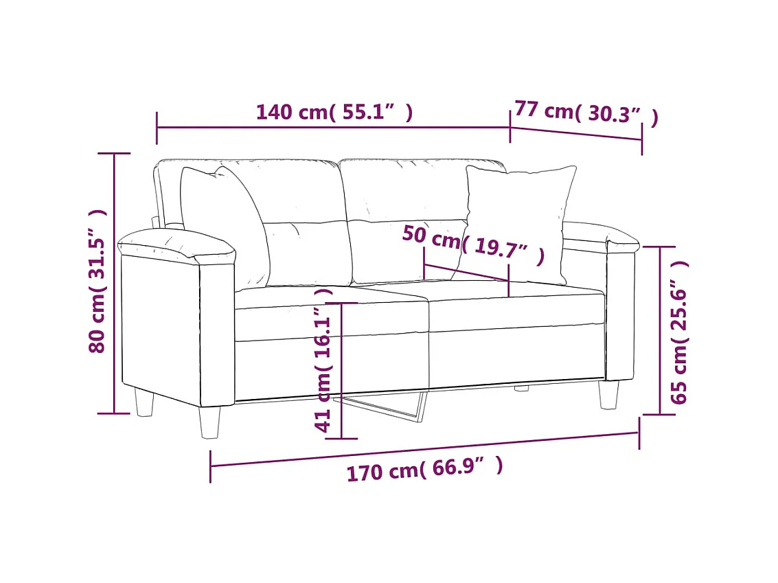 Sofá de 2 plazas con cojines decorativos negro 140cm piel sintética