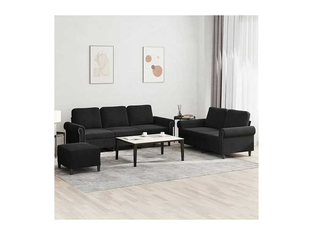 3-delige bankstel met kussens Zwart Fluweel
