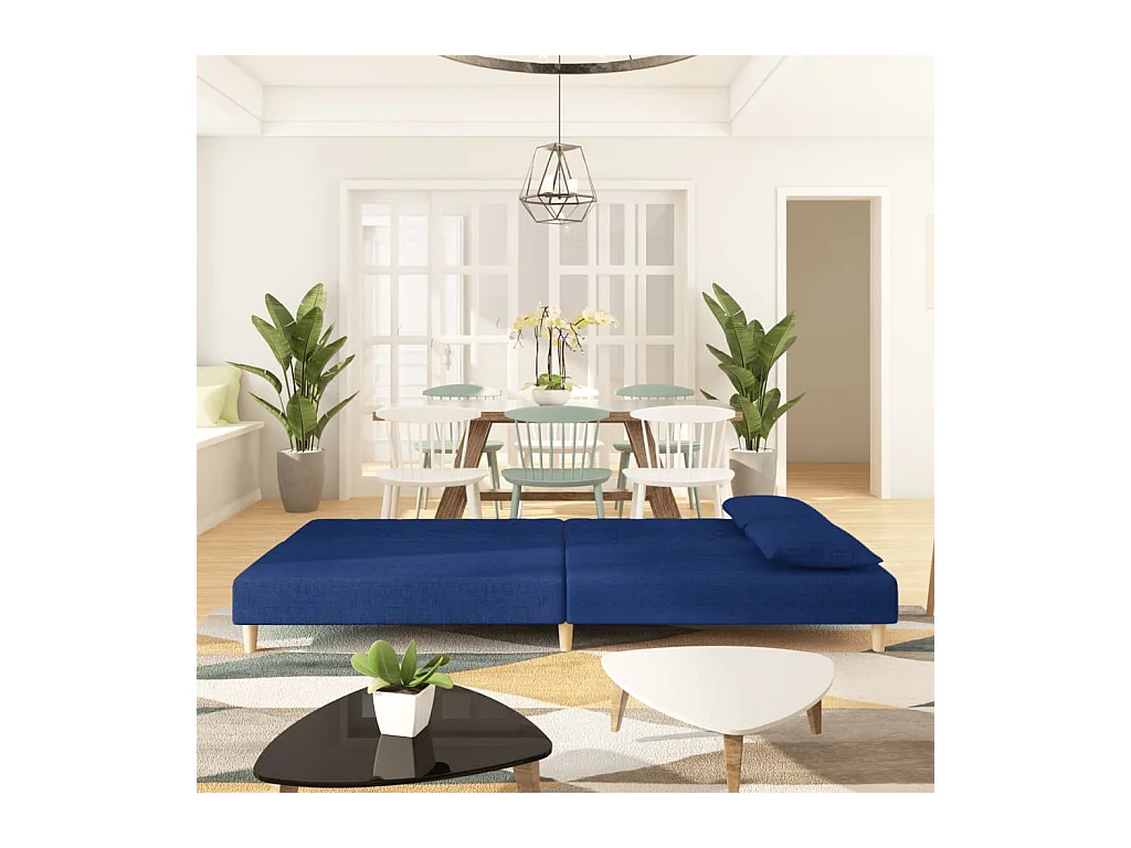 2-Sitzer-Schlafsofa mit zwei blauen Stoffkissen