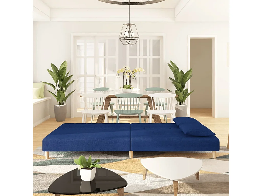 Sofá cama de 2 plazas con dos almohadas de tela azul