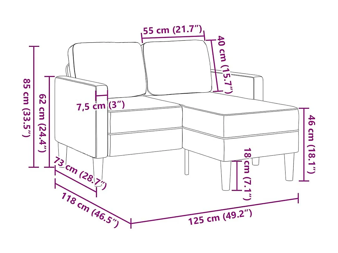 Canapé 2 places avec méridienne en L noir 125 cm velours