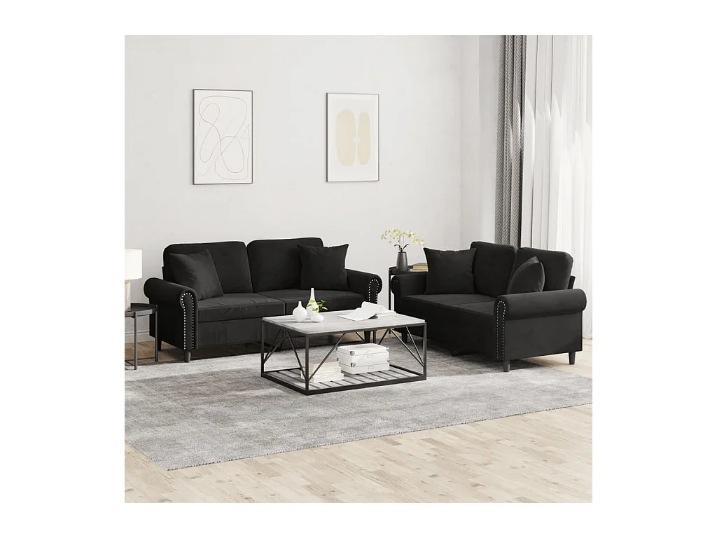 Conjunto de sofá de 2 piezas con cojines de terciopelo negro