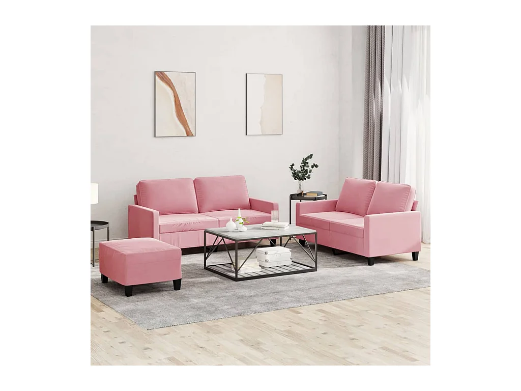 Set di divani 3 pezzi con cuscini, velluto rosa