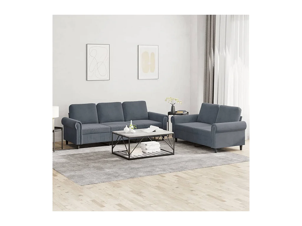 2-teiliges Sofaset mit Kissen, dunkelgrauer Samt