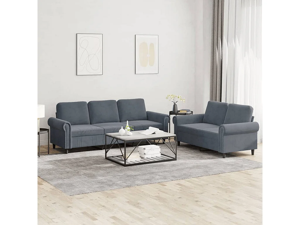 2-teiliges Sofaset mit Kissen, dunkelgrauer Samt