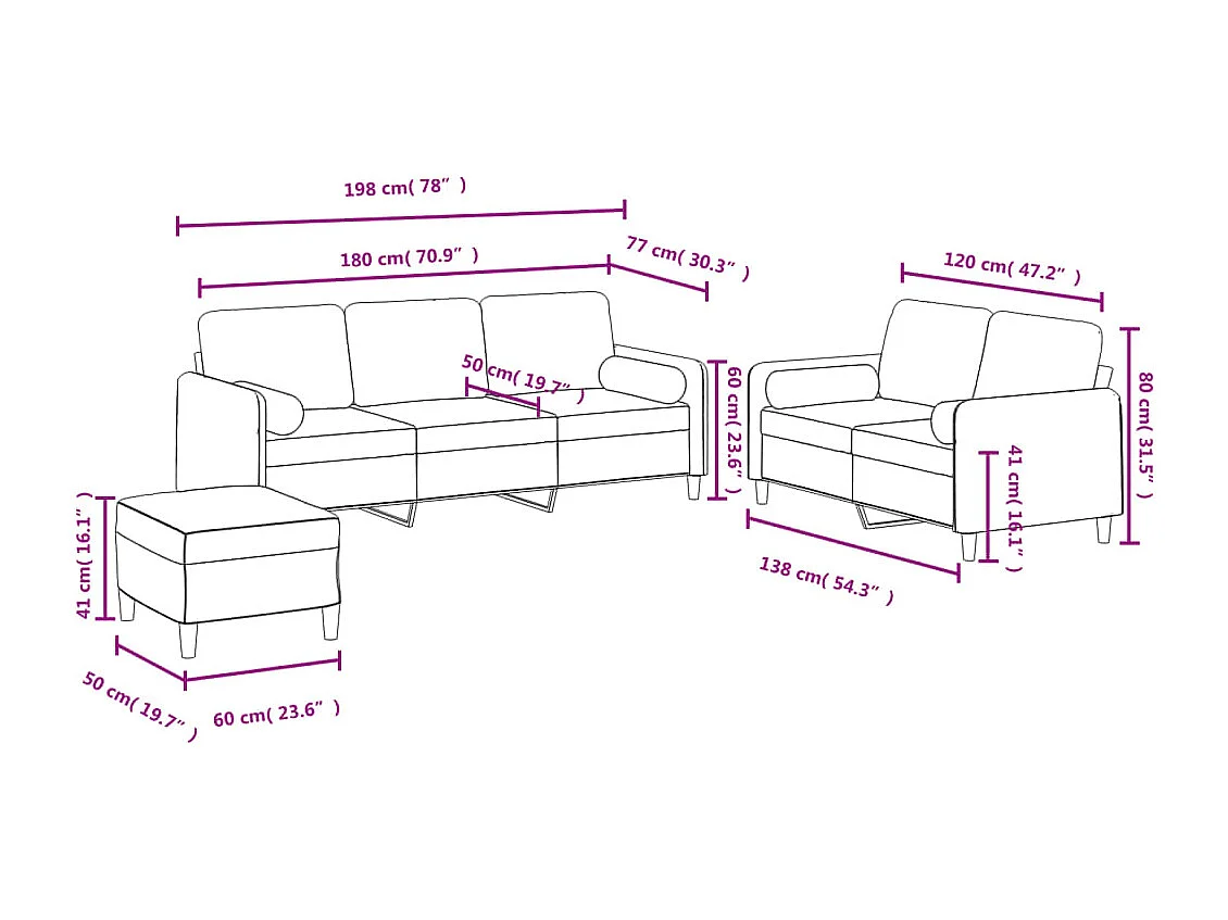 3-teiliges Sofaset mit hellgrauen Samtkissen