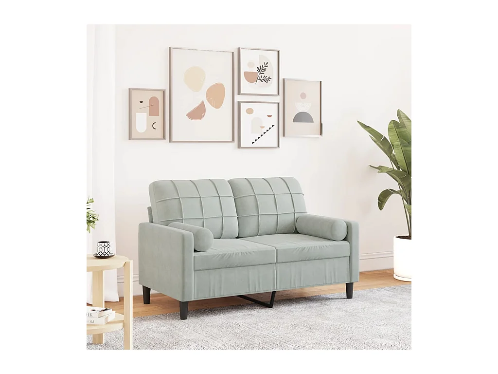 Sofá de 2 plazas con cojines gris claro de terciopelo de 120 cm.