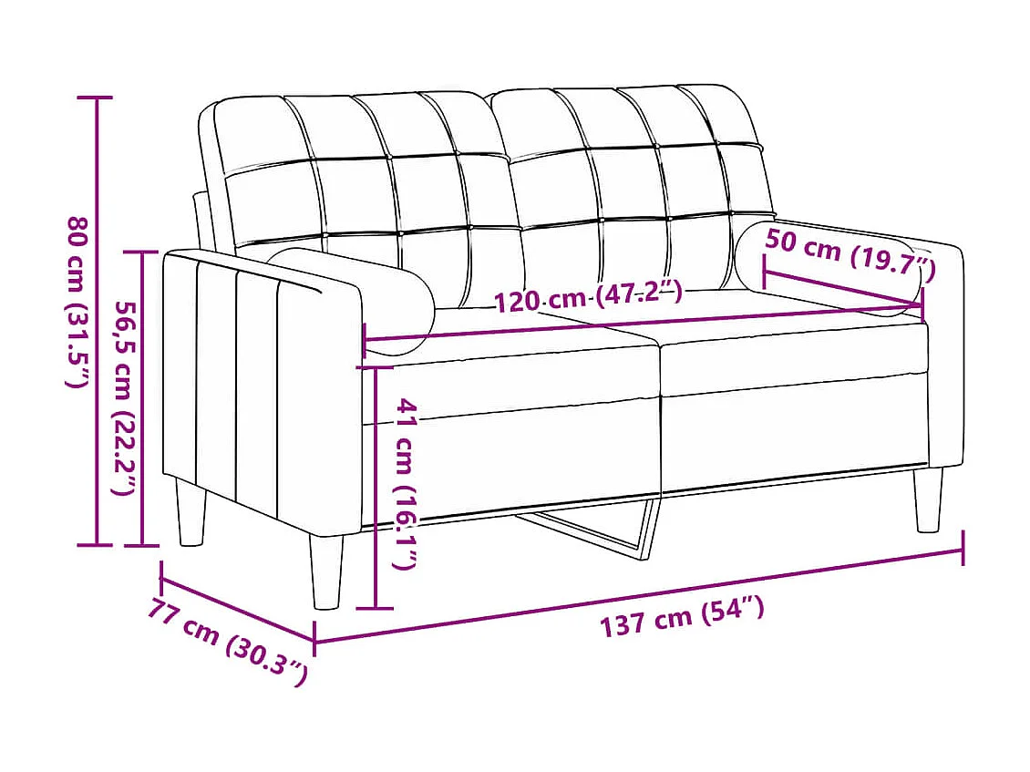 Sofá de 2 plazas con cojines gris claro de terciopelo de 120 cm.