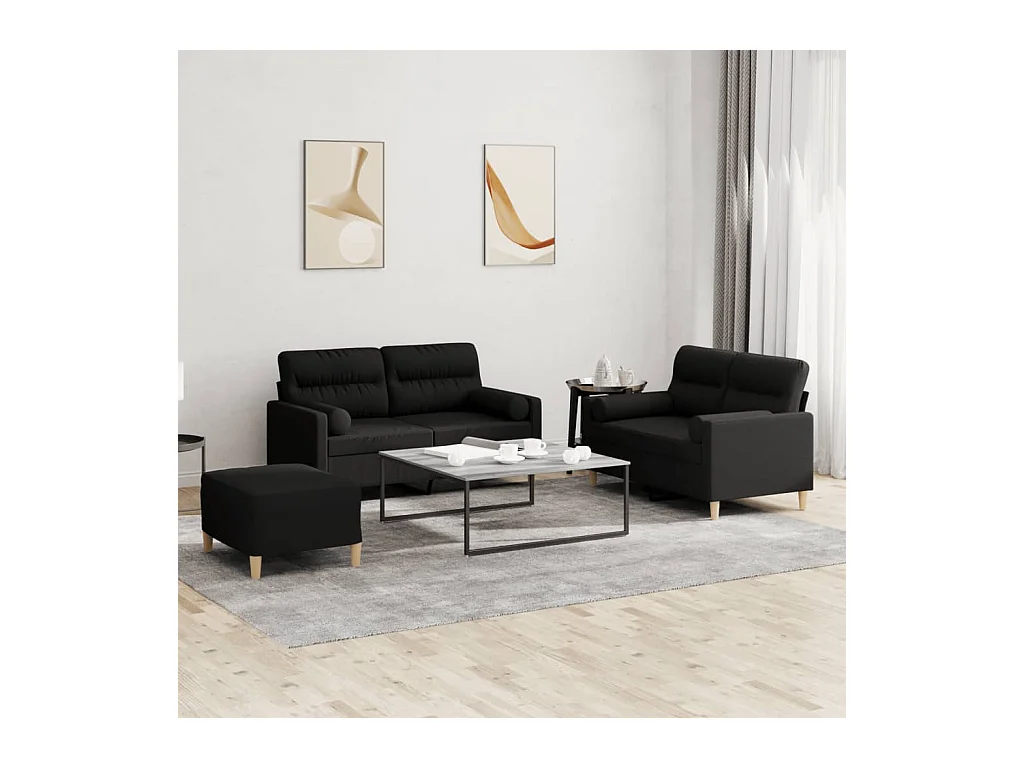 3-teiliges Sofaset mit schwarzen Stoffkissen
